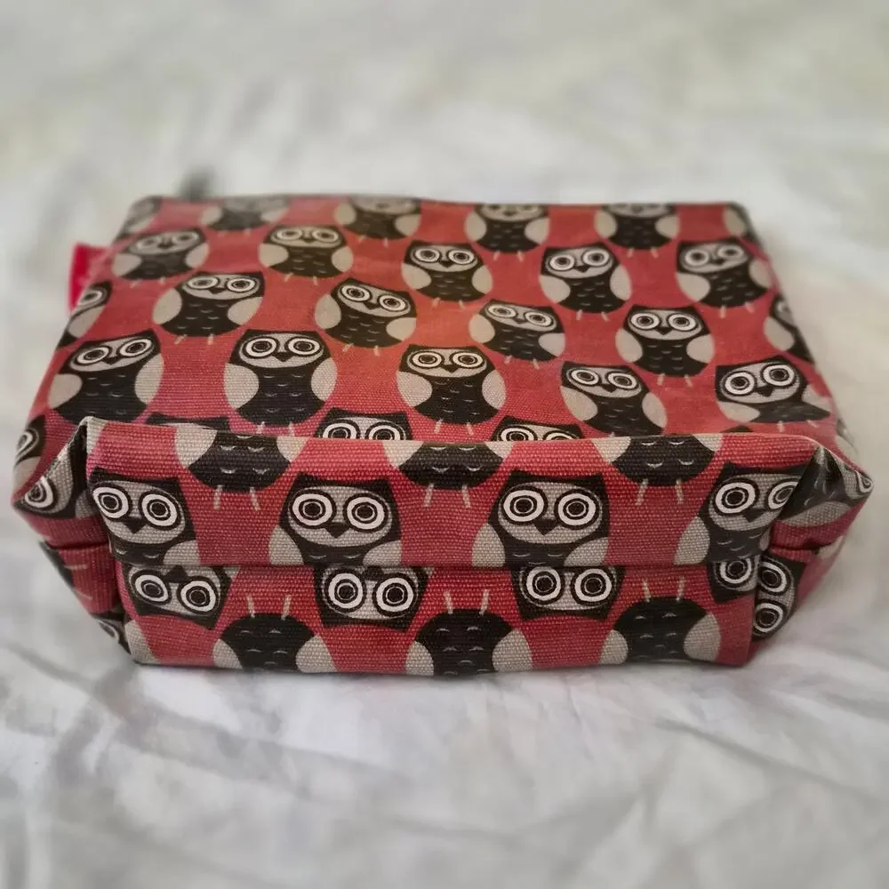 Nicky James London Owl Print Makeup Bag Red Canvas Cosmetic Pouch Case